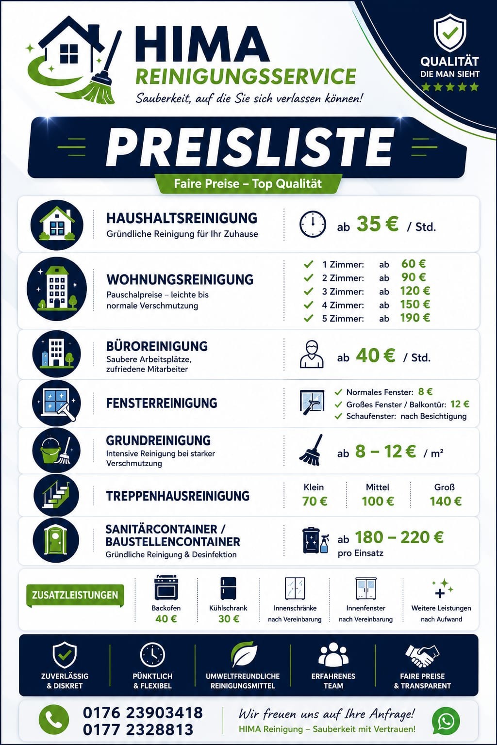 Preisliste HIMA Reinigungsservice mit Preisen für Haushaltsreinigung, Wohnungsreinigung, Büroreinigung, Fensterreinigung, Grundreinigung, Treppenhausreinigung und Baustellencontainer